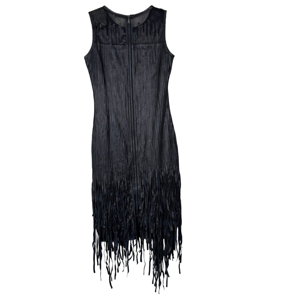 Elie Tahari Womens Black Lamb Leather Fringe Mesh Sleeveless Midi Dress Size 8 - Picture 2 of 9